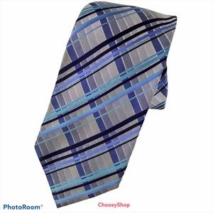 Silk Tie Stain Resistant 3 Tone Blue & Gray Plaid John Ashford
